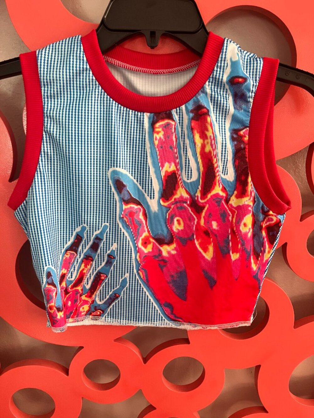Y2K Thermal Hand Print Crop Tank Top | Mesh Graphic Sleeveless Top | Size Small
